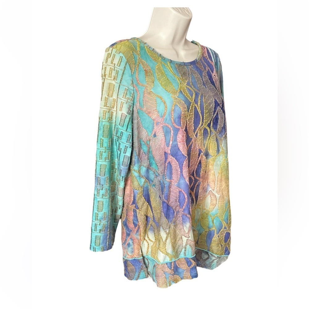 Ali Miles Womens Blouse Size Medium Artsy Textured Asymmetrical Hem Multicolor - Picture 2 of 7